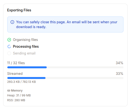 The export status page showing archiving and upload progress