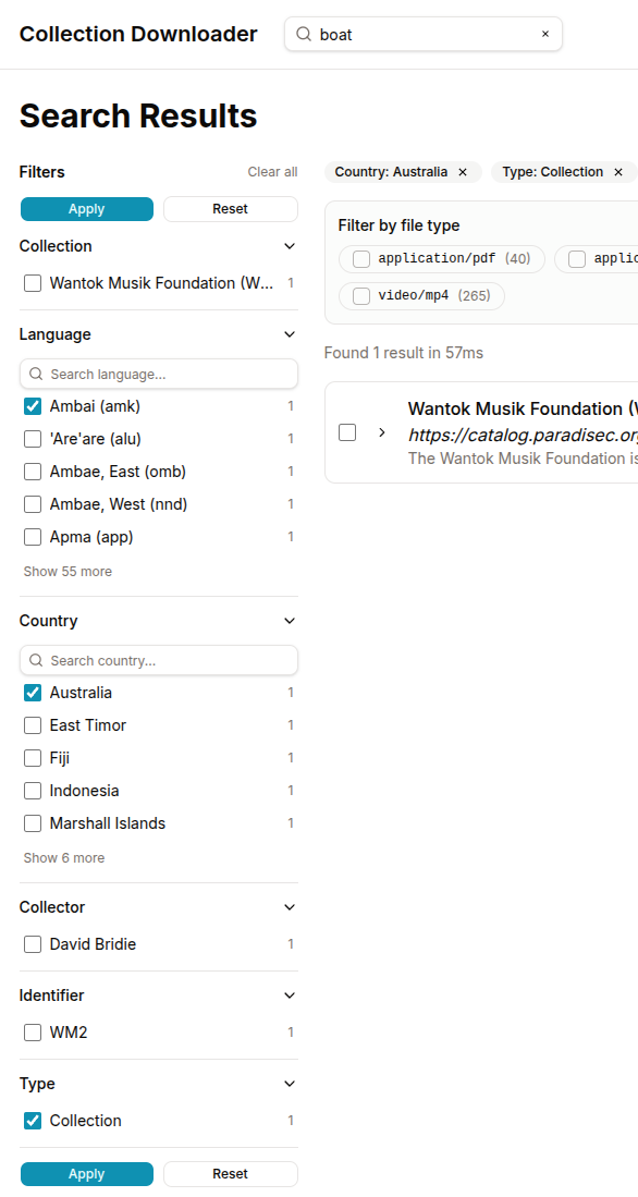 The filter facets sidebar