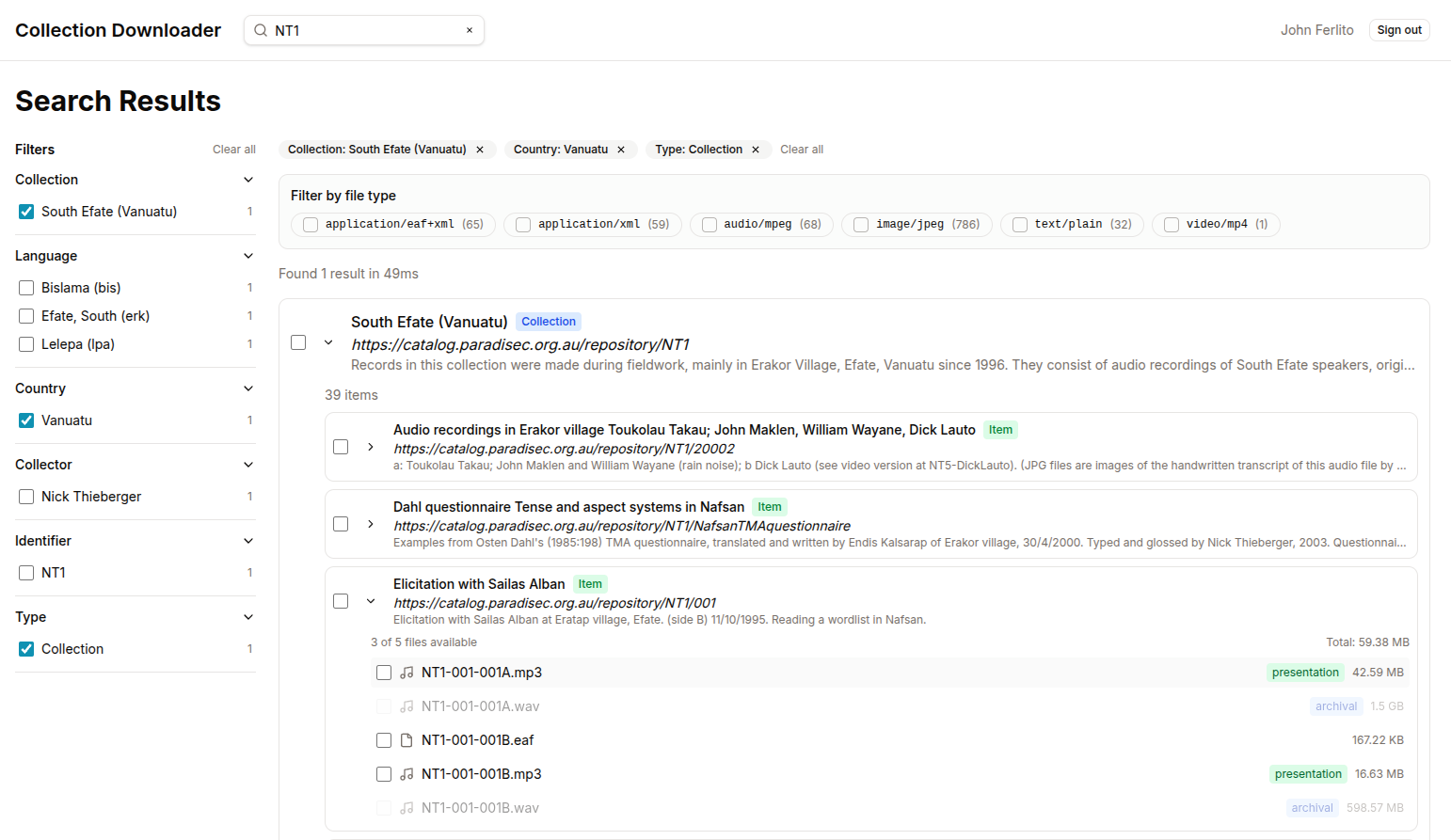 The collection browser showing the search results and facet sidebar